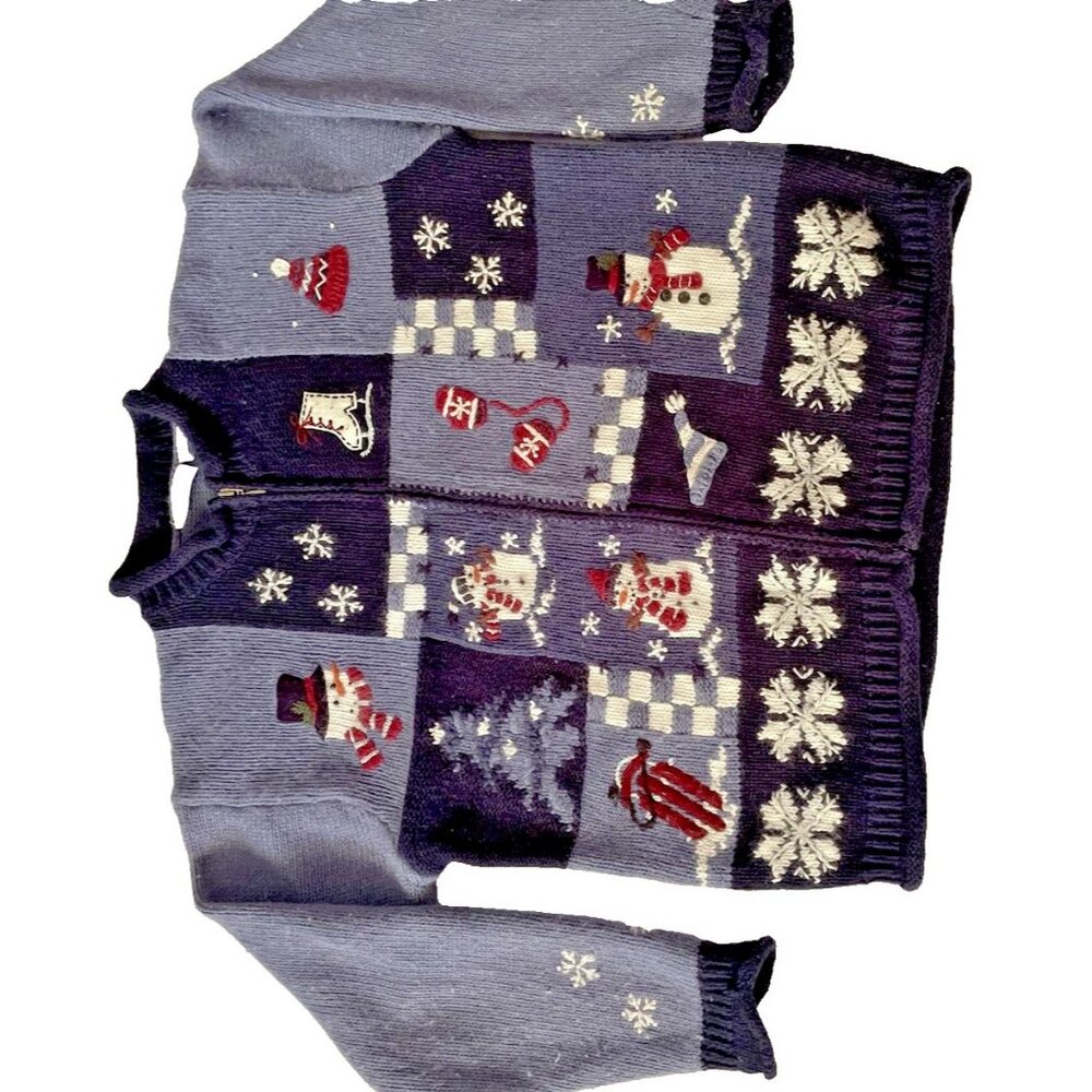 Vintage Croft & Barrow Holiday Sweater Womens M Zip Front Snowman Snowflakes